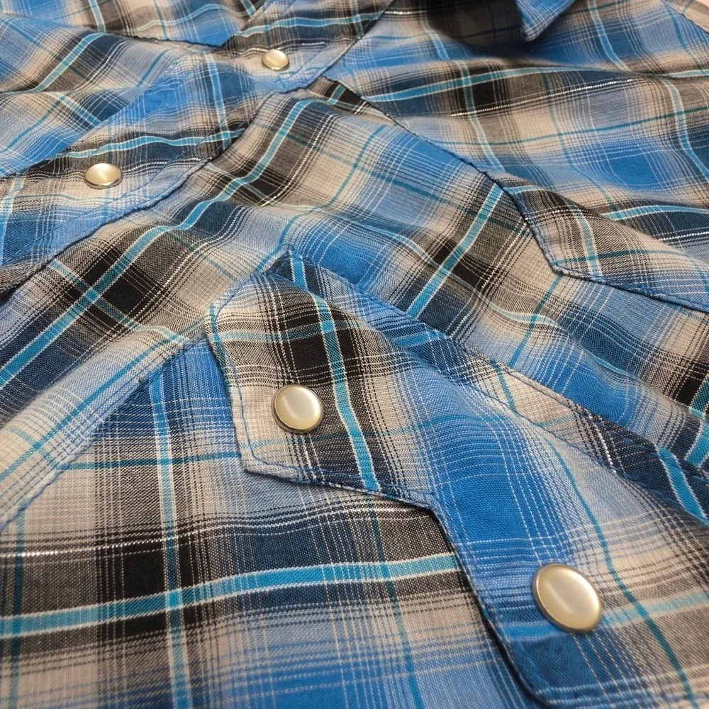 Wrangler Mens Western Snap Shirt Blue Plaid Metallic Thread Long Sleeve Medium